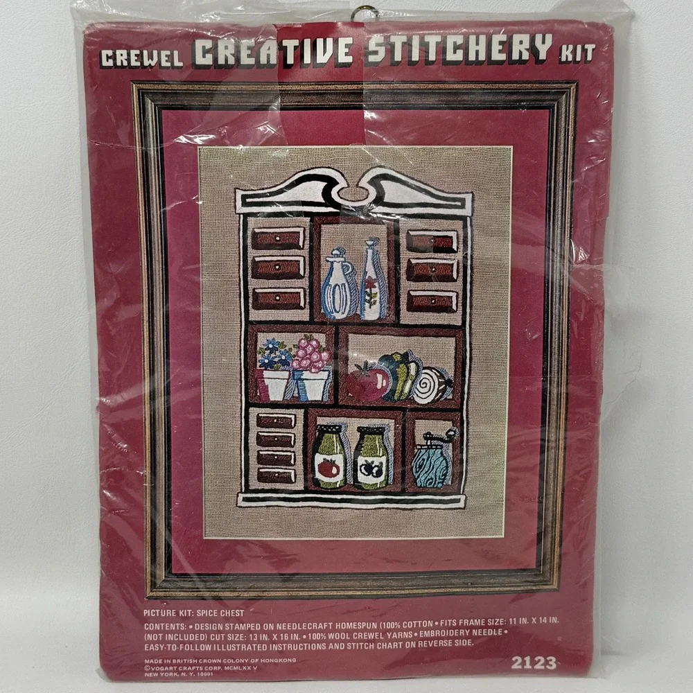 Crewel Embroidery 1975 Spice Chest 2123 Kit 13x16 Colonial‎ Country Farmhouse